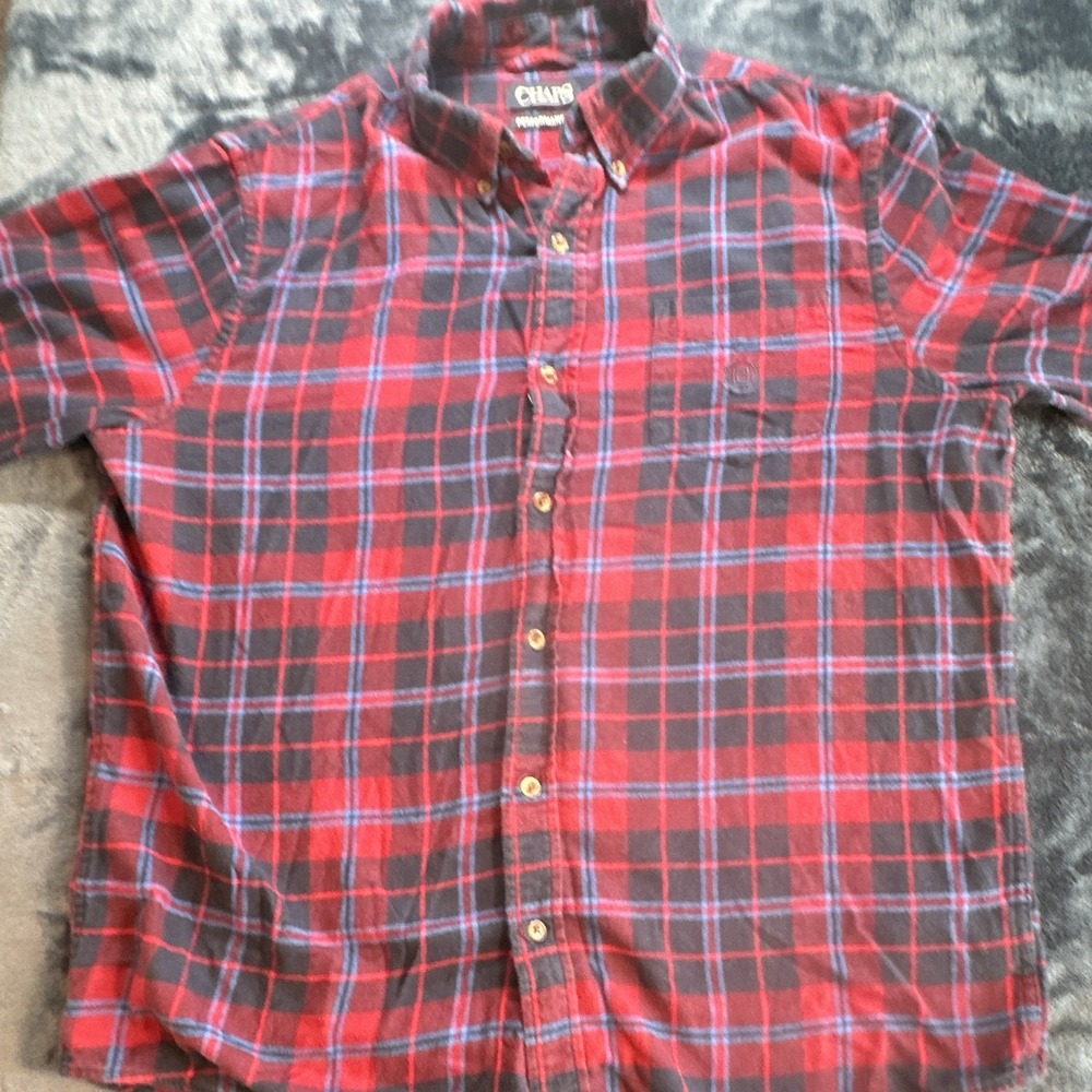 Chaps Performance Mens Red Blue Plaid Flannel Button Down Shirt Large
